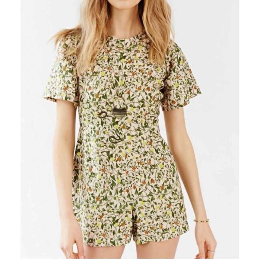 Samantha Pleet Floral Short-Sleeve Romper in Cream, Green & Orange